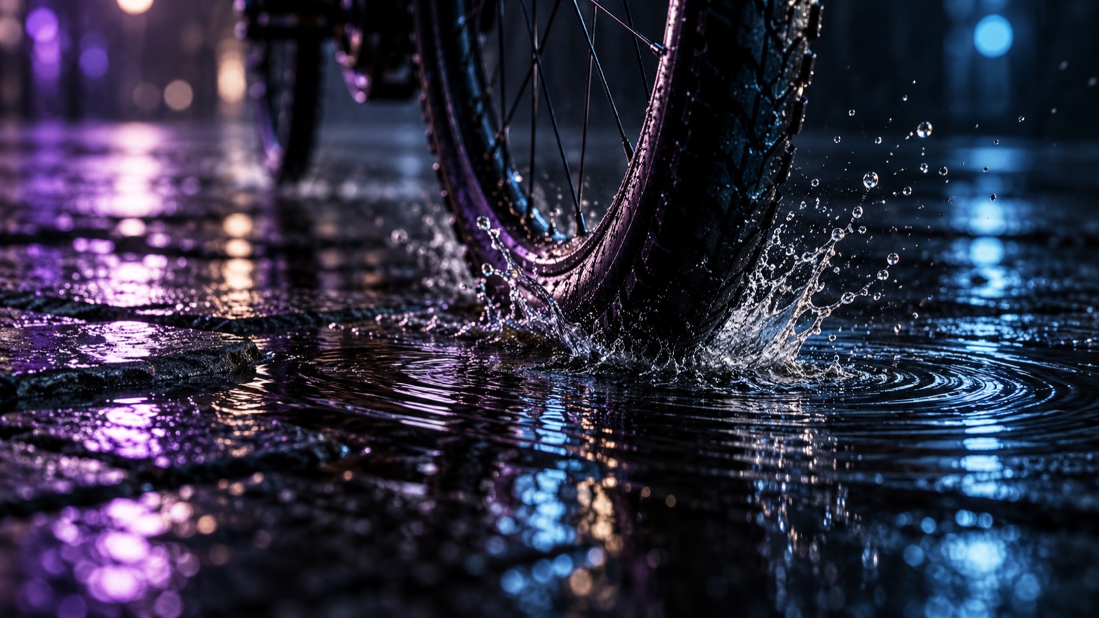 A bicycle tire crossing shallow rainwater on wet stone