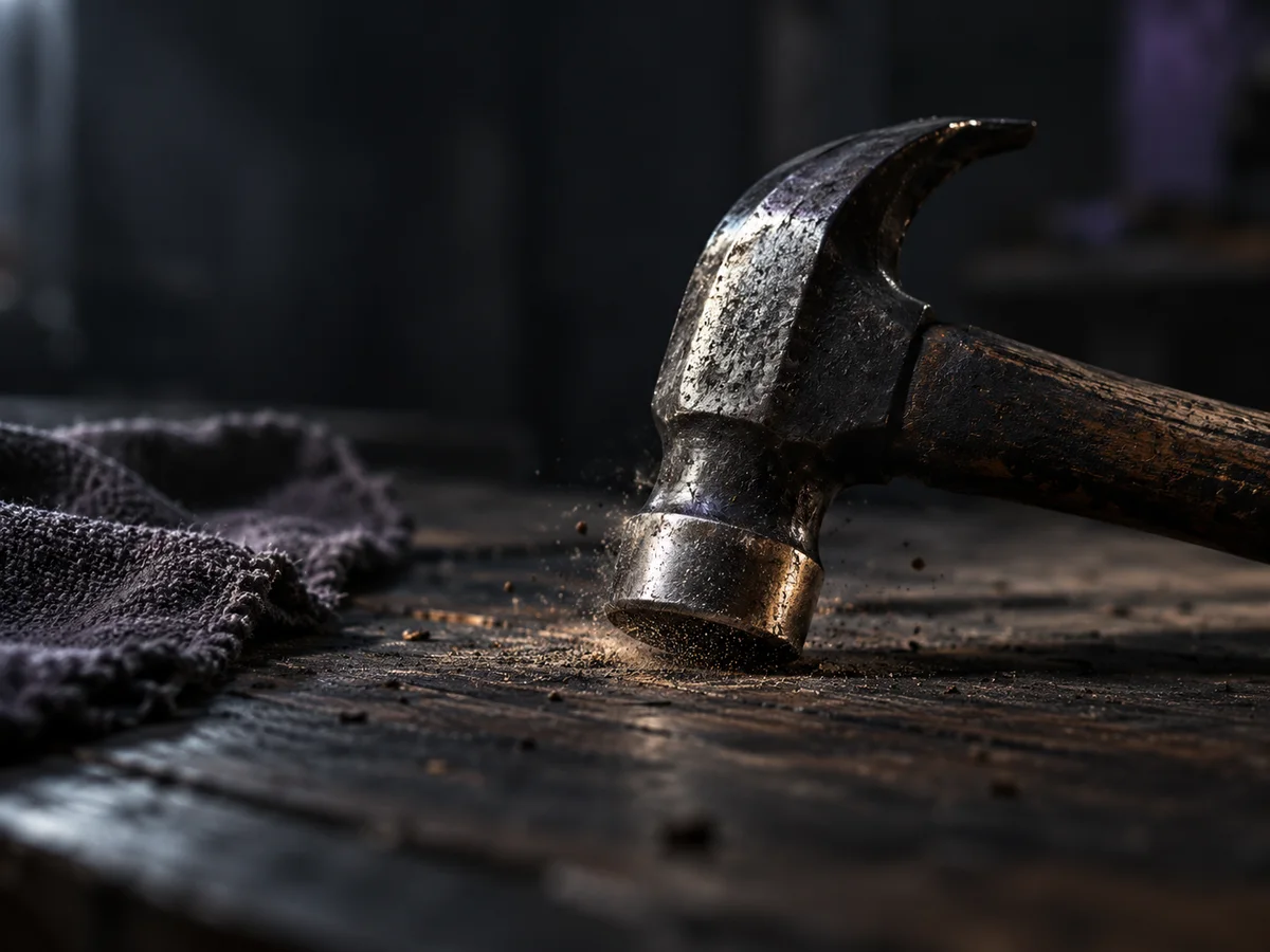 A steel hammer contacting a worn wooden workbench beside rough fabric