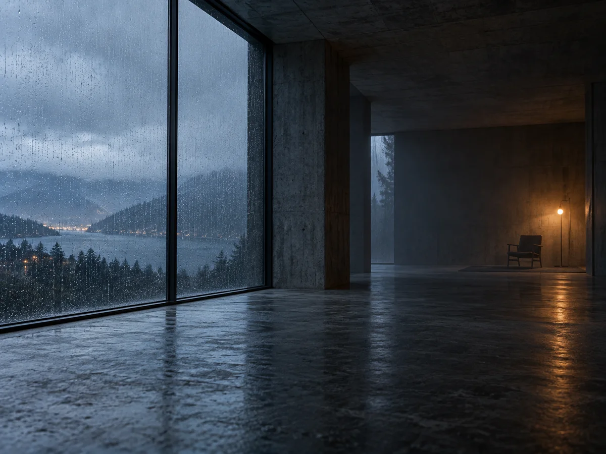 A rain-covered window opening into a deep concrete room with a warm distant light